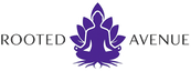 Logo of 'Rooted Avenue' with a purple silhouette of a person in a meditative pose on a white background.