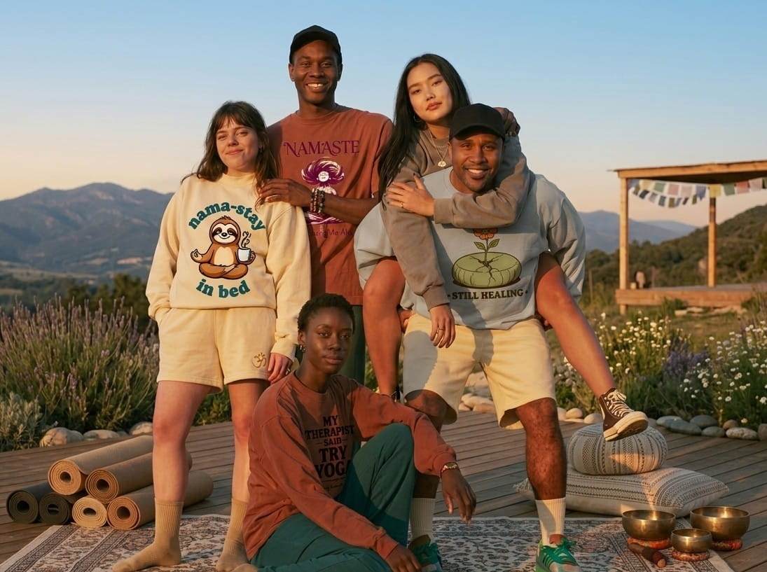 Group of people posing outdoors with mountains and flowers in the background